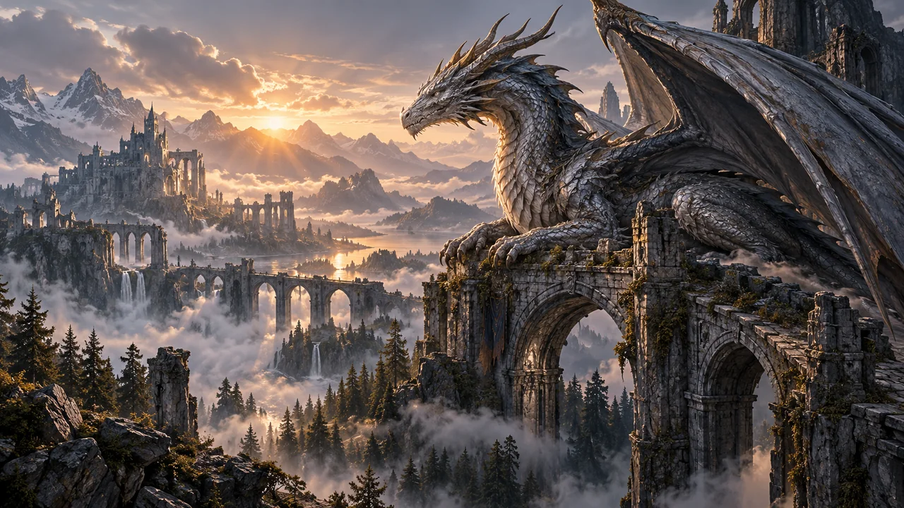 A silver dragon rests on a stone arch among ruins and mountains.