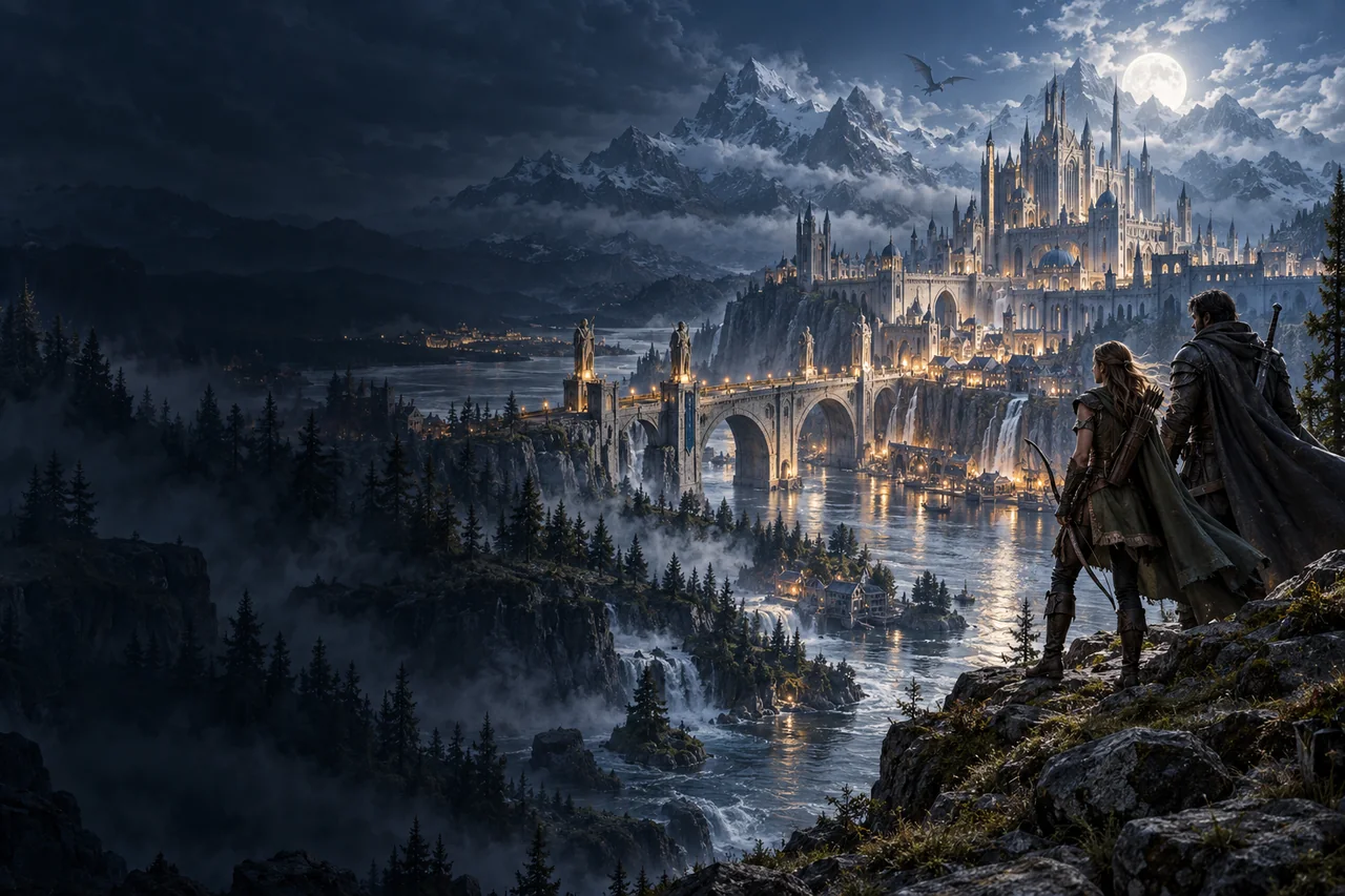 Concept illustration of adventurers before a medieval stone city beside a river.