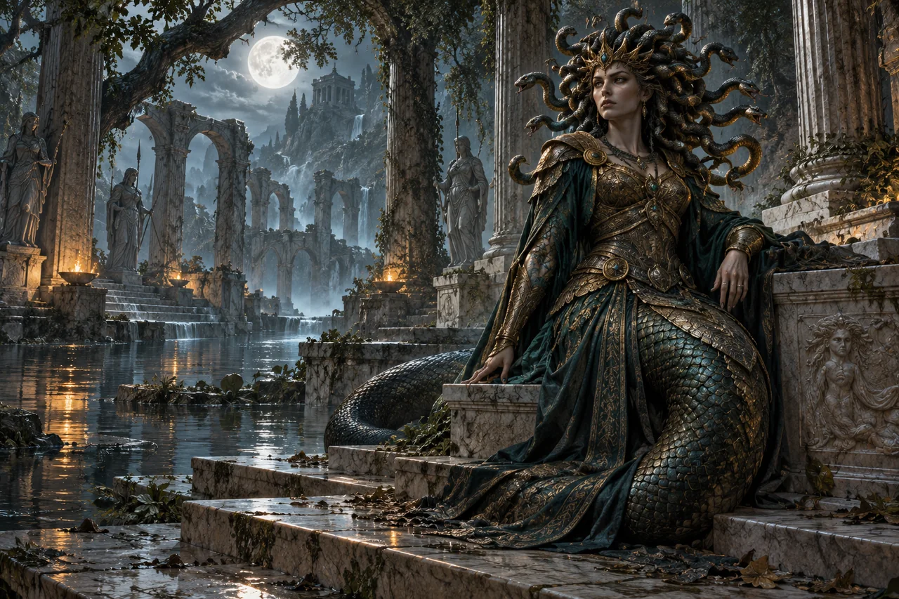 Concept illustration of a medusa in bronze armor in a flooded sanctuary.
